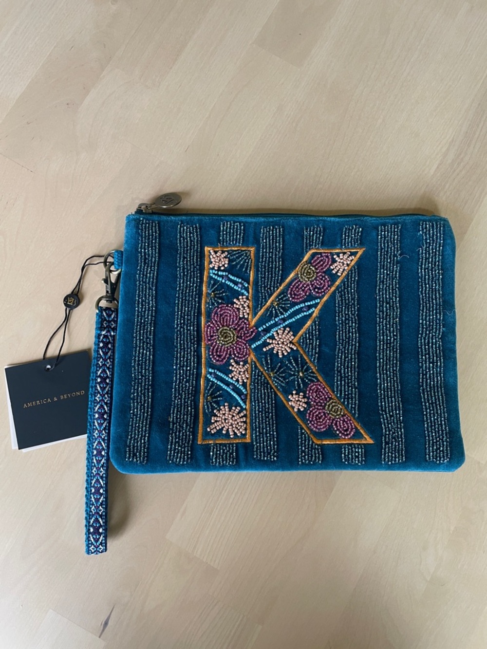 NWT Teal Beaded 'K' Wristlet Clutch